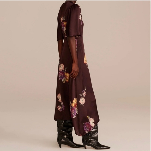 Rebecca Taylor Simone Fleur Silk Midi Dress in Burgundy NWT - Picture 3 of 16
